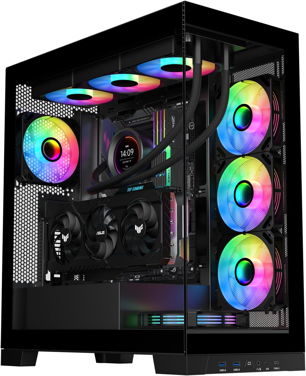 SAMA ATX Computer Case Tempered Glass Mid Tower USB 3.0 Type C Micro -ATX Gaming Case Supports ATX/M-ATX/ITX Adjustable I/O with 4 x F-RGB Fans Black