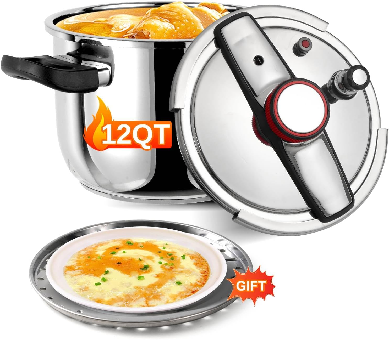 - Pressure Cooker 12 QT, Stainess Steel Pressure Canner 12 Quart, Explosion-Proof Cookware, Rotating Lock/Unlock Lid, One-handed lid opening, Thickened Silicone Ring And Anti-scald Handle, Silver