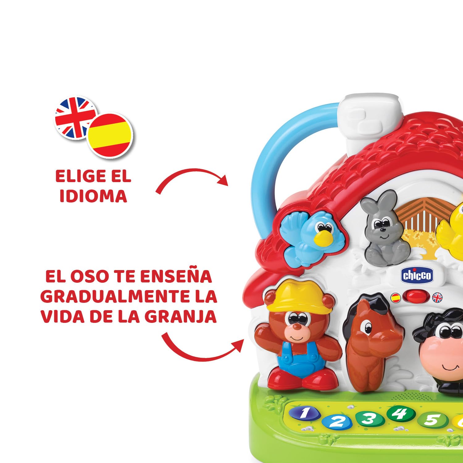 Chicco Granja Parlante, Centro de Actividades Bilingüe para Niños, Aprende Animales, Números y Colores, Modos de Juego Evolutivos con Canciones y Curiosidades