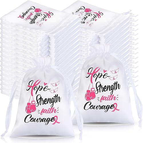 Silkfly 50 bolsas de regalo blancas satinadas para concientización sobre el cáncer de mama, bolsa con cordón de 7 x 5 pulgadas, bolsas de joyería