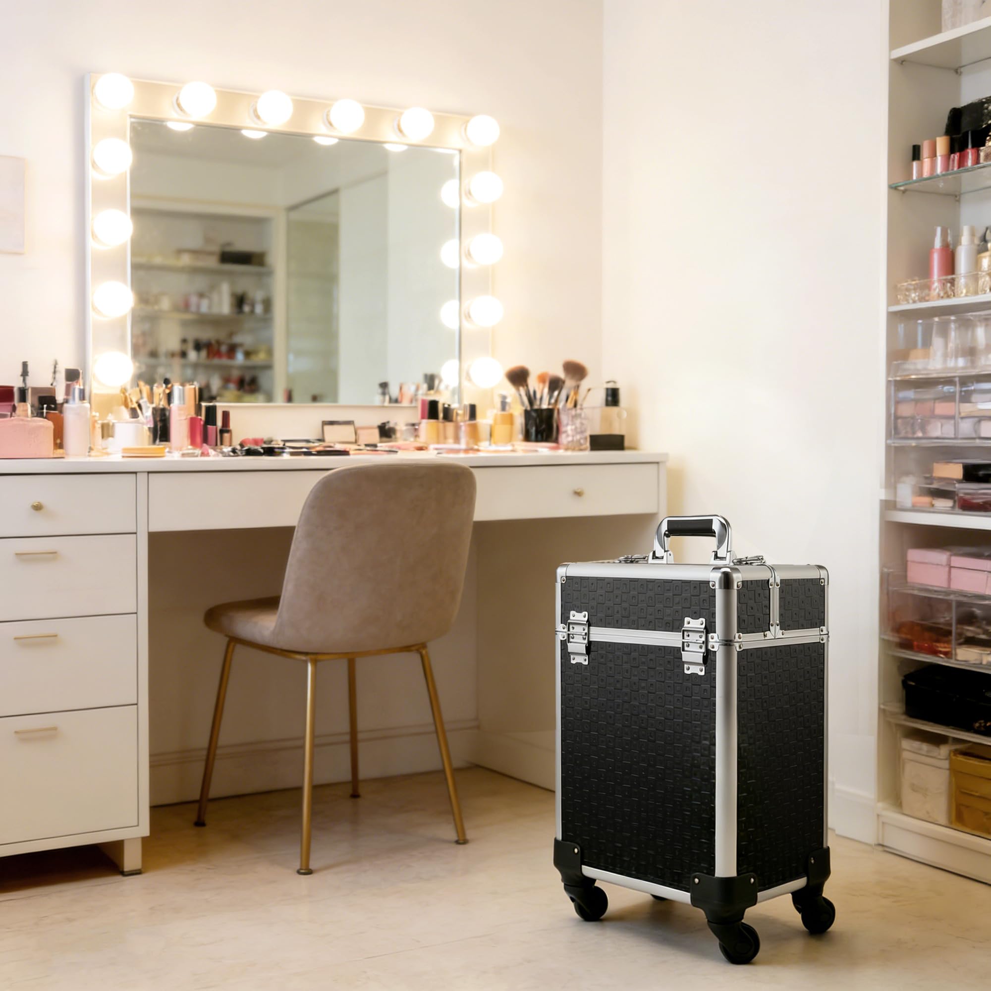 HOMCOM Maleta de Maquillaje Profesional con Ruedas, Maletín de Maquillaje con Mango, 2 Bandejas, Compartimento Inferior, Cerradura y 2 Llaves, para Salón, Peluquería, Negro