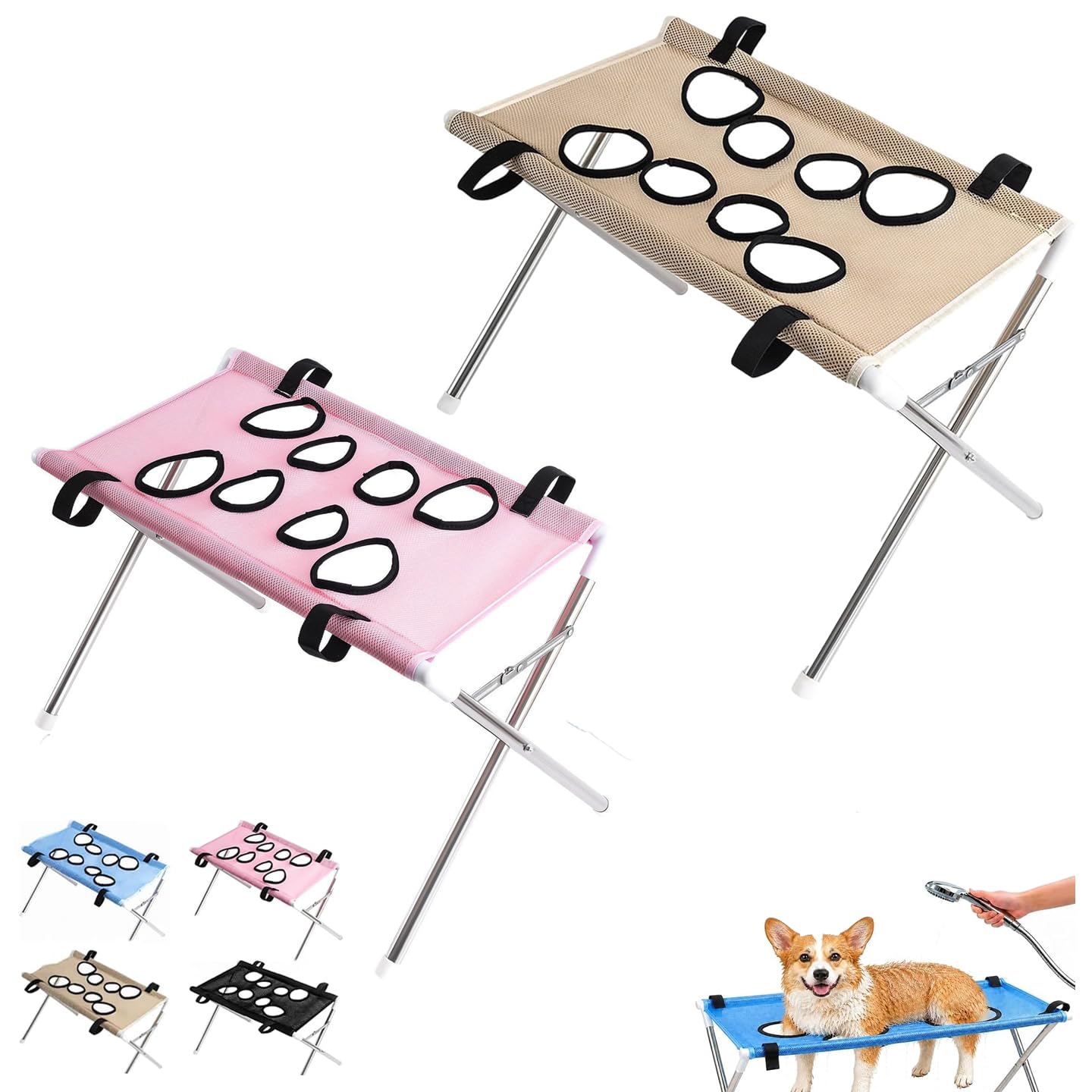 2027 Neuer Haustier-Duschhalter, 2-In-1-Hundepflege HäNgematte, PflegestäNder Hunde, Badehilfe für Hundehocker für Nagelschneiden, Ohrenreinigung Und TäGliche Pflege (Khaki+Rosa)