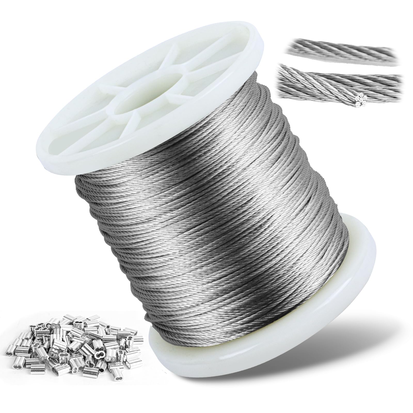 100m Câble métallique, 1mm Câble en acier inoxydable 304, âme de 7×7 brins avec 100 manchons de ser, corde à linge, pour plantes grimpantes, clôture, lumières, suspension