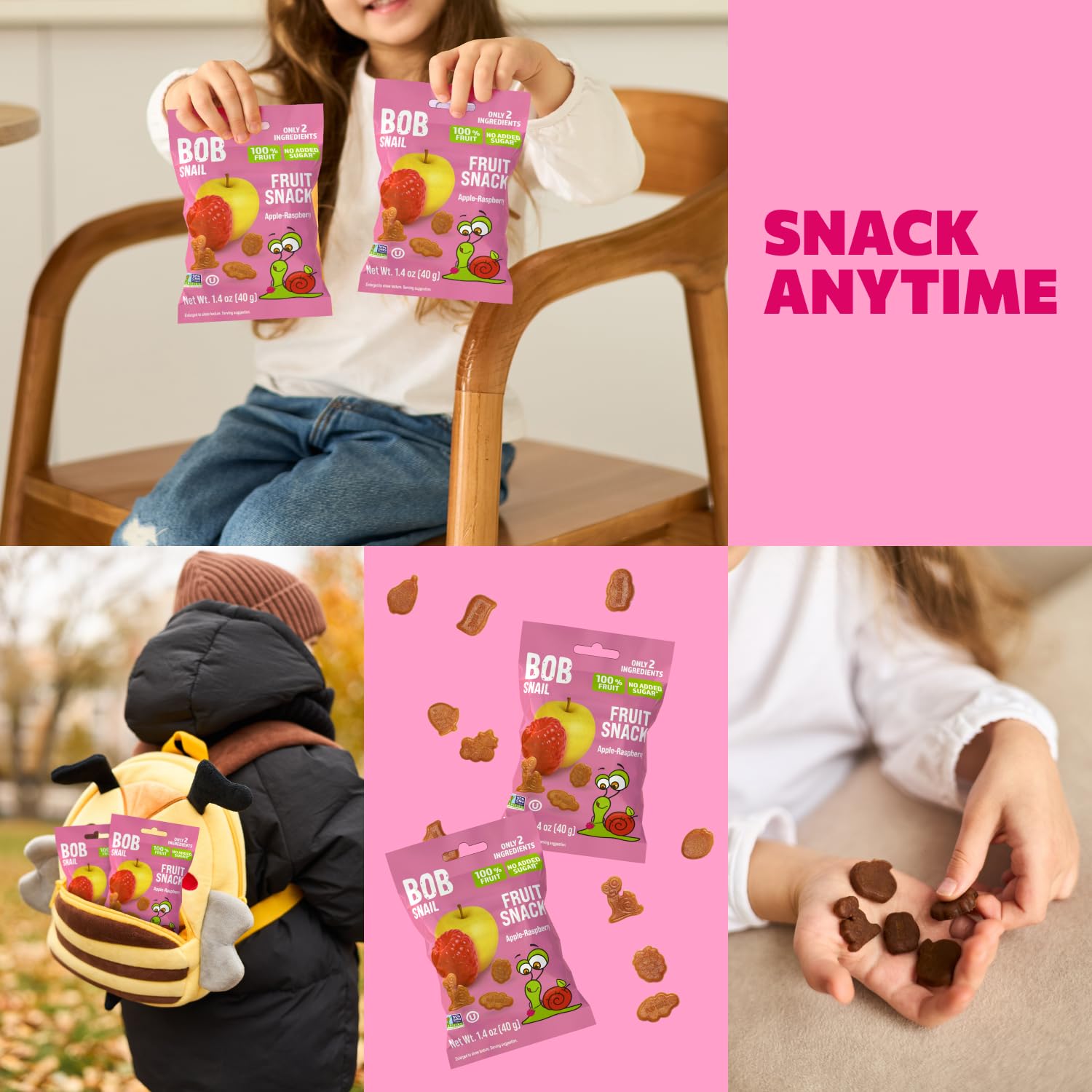 Bob Snail Fruit Gummy Bites – Apple Raspberry flavor, 12-Pack (480g), Real Fruit Snacks with No Added Sugar, Vegan & Gluten-Free Mini Bites for Kids & Adults