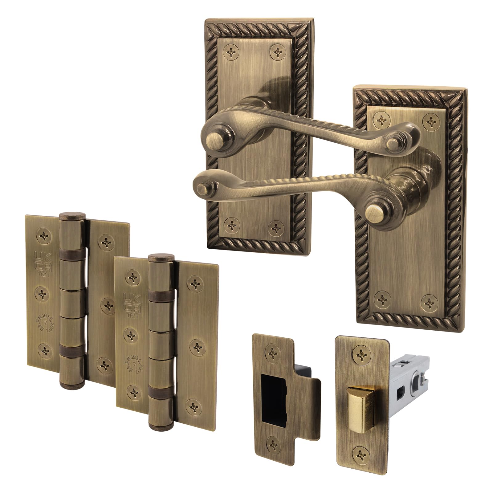 EAI Antique Brass Georgian Scroll Door Handle Latch Set - 1 Pair Internal Handles, Hinges (76mm) & Latch (64mm) - Rope Design