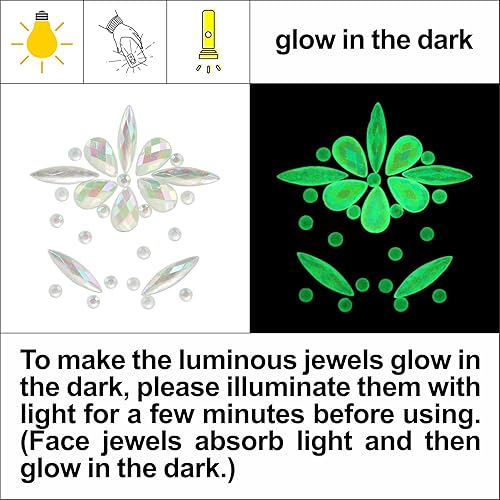 Miniatura 5 de Gemas nocturnas para la cara, 12 piezas de calcomanías luminosas de diamantes de imitación y 0.55 onzas de purpurina gruesa que brillan en la