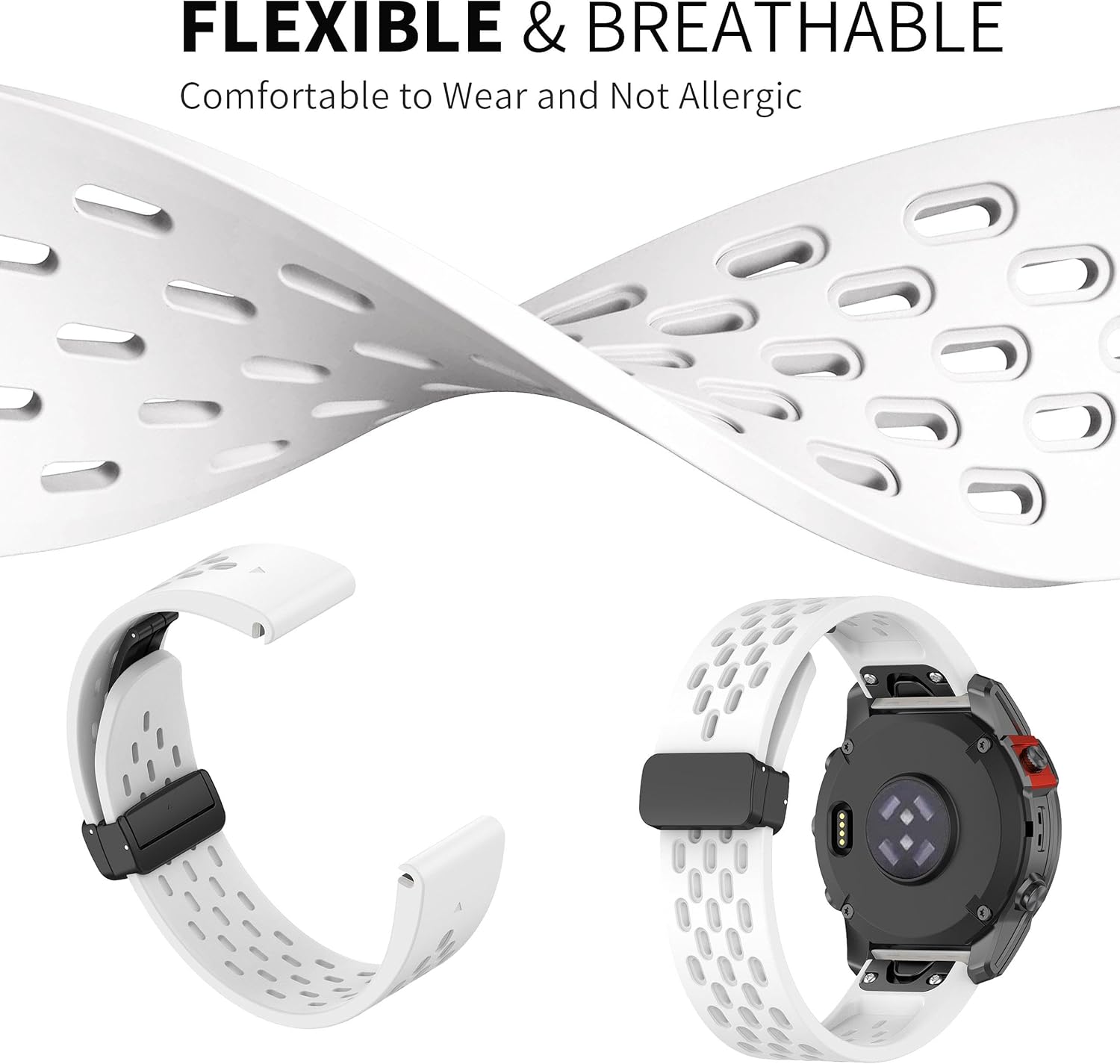 Abanen Silicone Air-holes Sport Watch Bands for Garmin Fenix 8 43mm / epix Pro 42mm / Fenix 7S /6S/5S, Soft Wrist Strap with Fold-over Magnetic Closure for Instinct 2S / Instinct E 40mm - Image 6