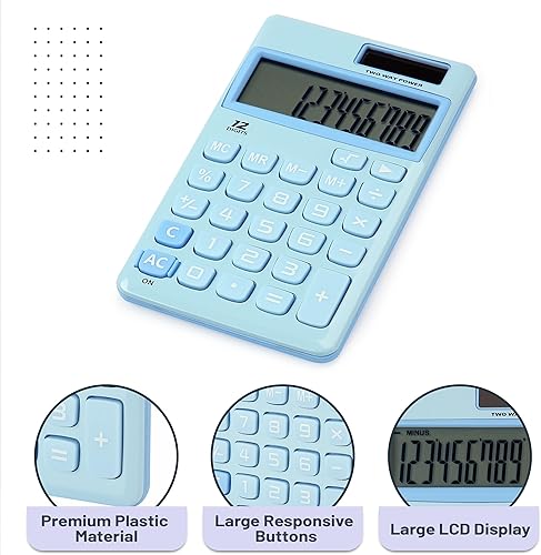 Miniatura 4 de Mr. Pen - Calculadora de función estándar, 12 dígitos, pequeña calculadora de bolsillo solar azul claro, portátil de oficina básica simple