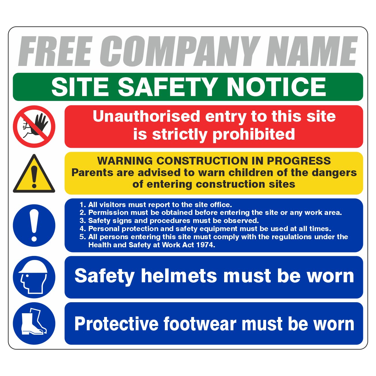 Lasting Impressions (Signs) Limited Yellow|Green|Blue|Grey|Red 600X450mm Multi Hazard Site Safety Notice 5 Points Construction Sign With Free Company Name
