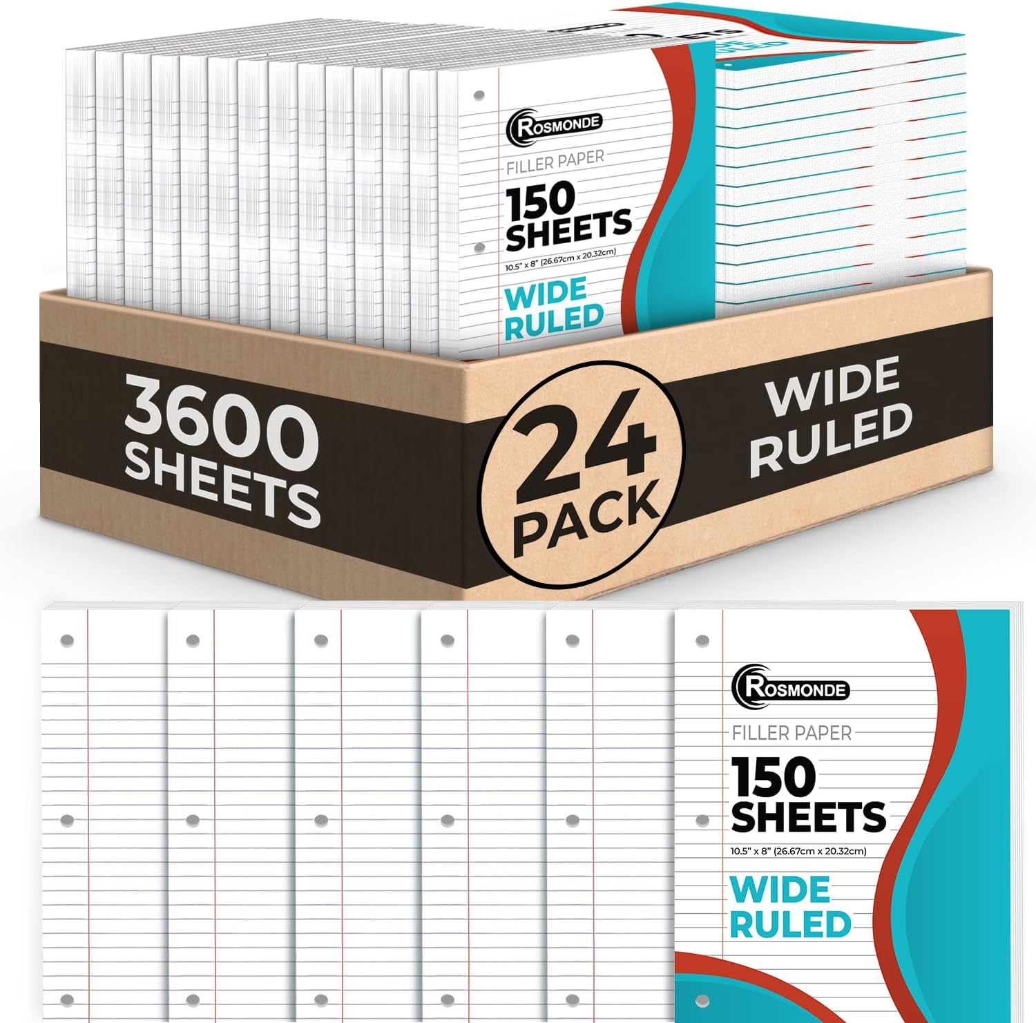 Rosmonde Bulk 3600 Sheets Loose Leaf Binder Filler Paper, Wide Ruled, Bulk Notebook Paper, 8 x 10.5", Loose Leaf Sheets, 3 Hole Punched, 24 Pack, 150 Sheets/Pack, Filler Papers, White