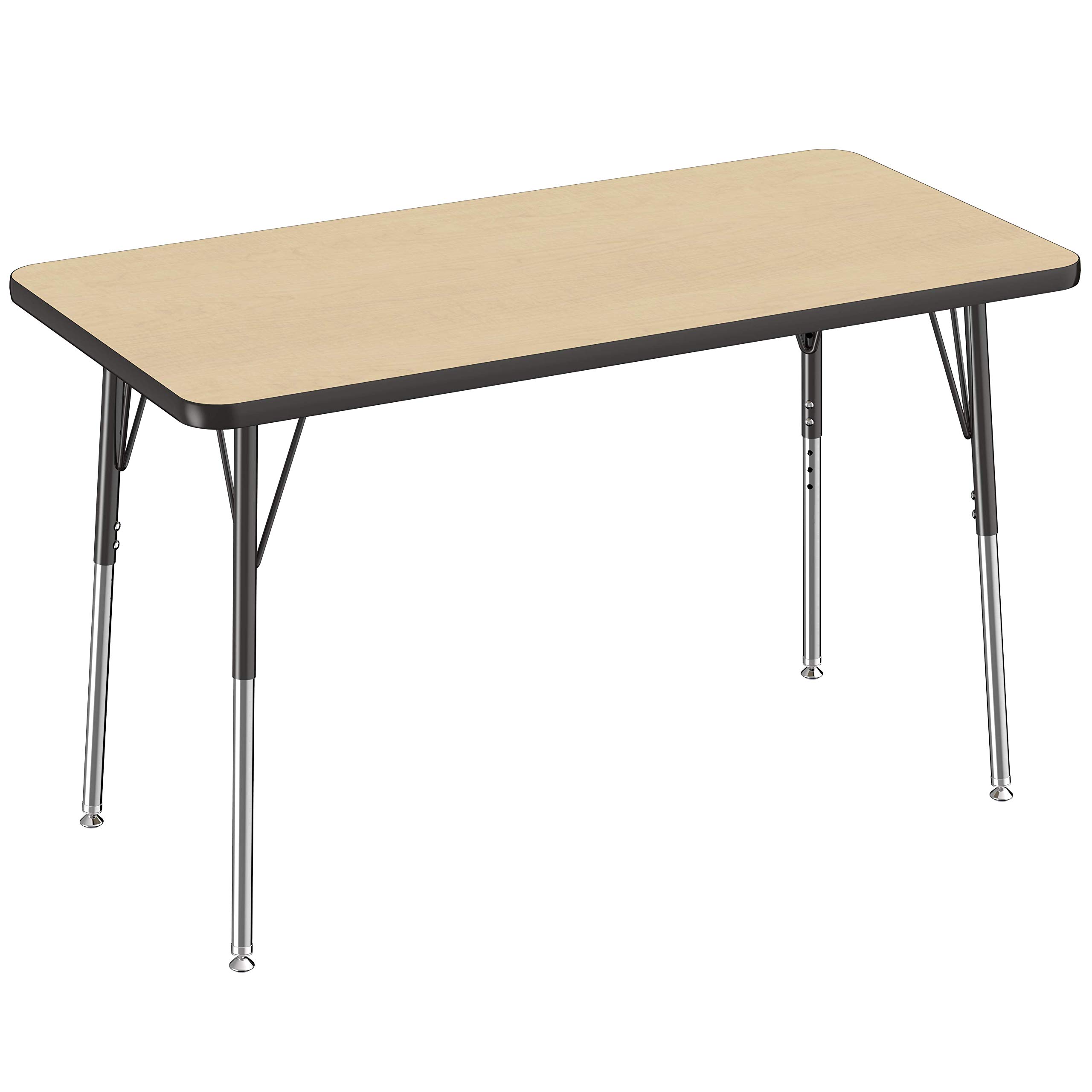 FDP Rectangle Activity School and Office Table (24 x 48 inch), Standard Legs with Swivel Glides, Adjustable Height 19-30 inches - Maple Top and Black