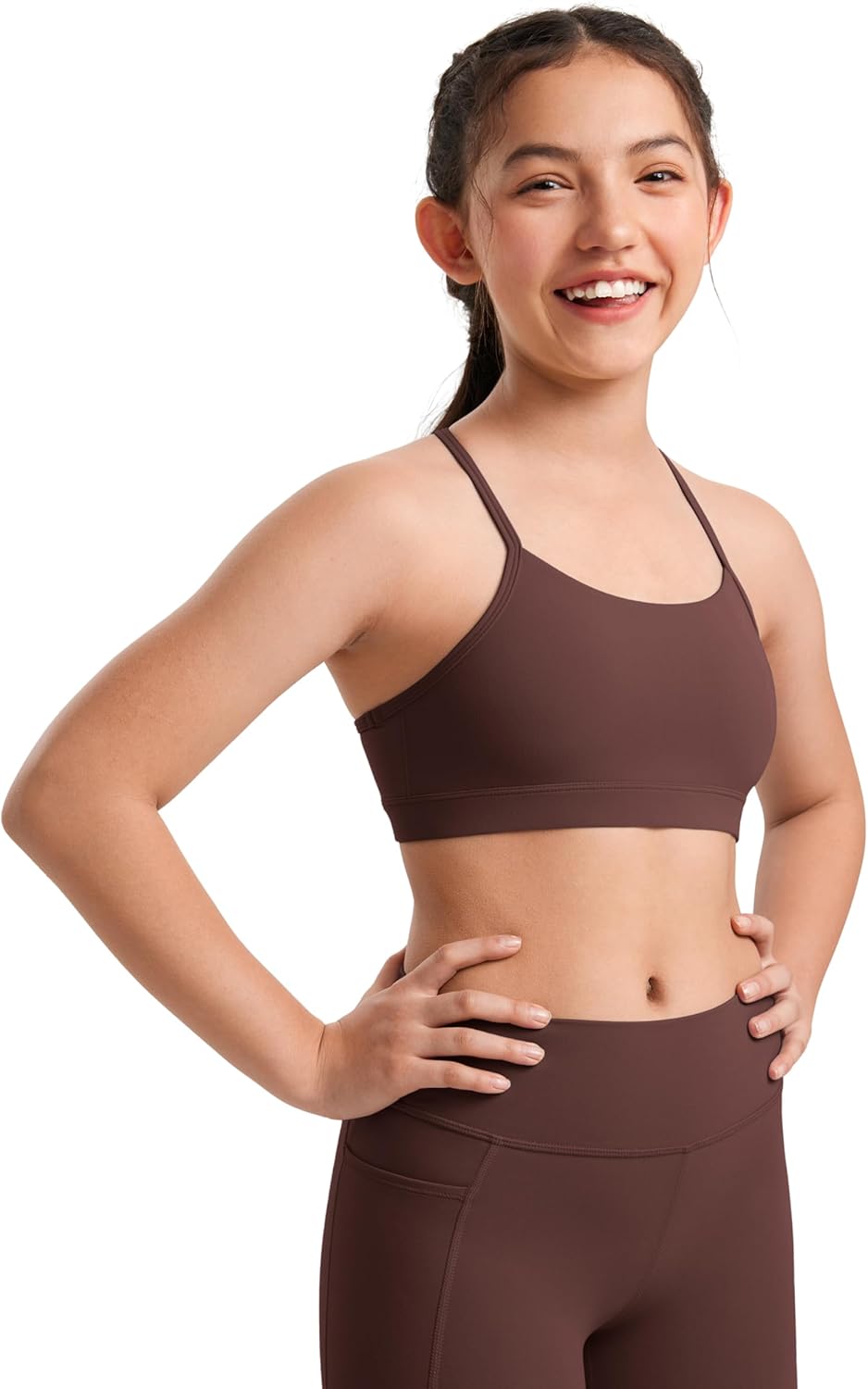 CRZ YOGA Girls Butterluxe Y Back Sports Bra - Yoga Athletic Casual Tops Scoop Neck Spaghetti Strap Padded Crop Kids Teen