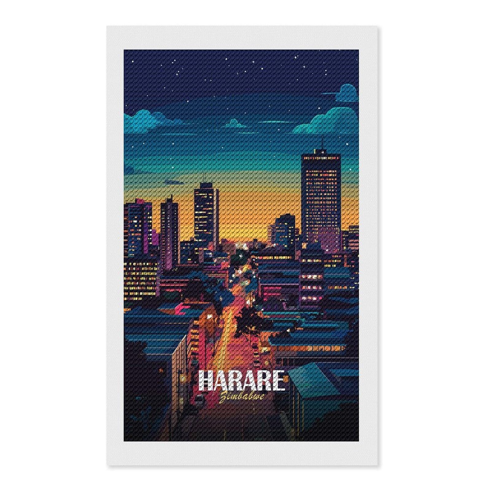 Junmoney Harare, Zimbabwe Cityscape at Night Diamond Painting Set 12"x20", for Adults, Decorate Your Room, Thoughtful Handmade Gift, Boho Decor, with Tool Kit