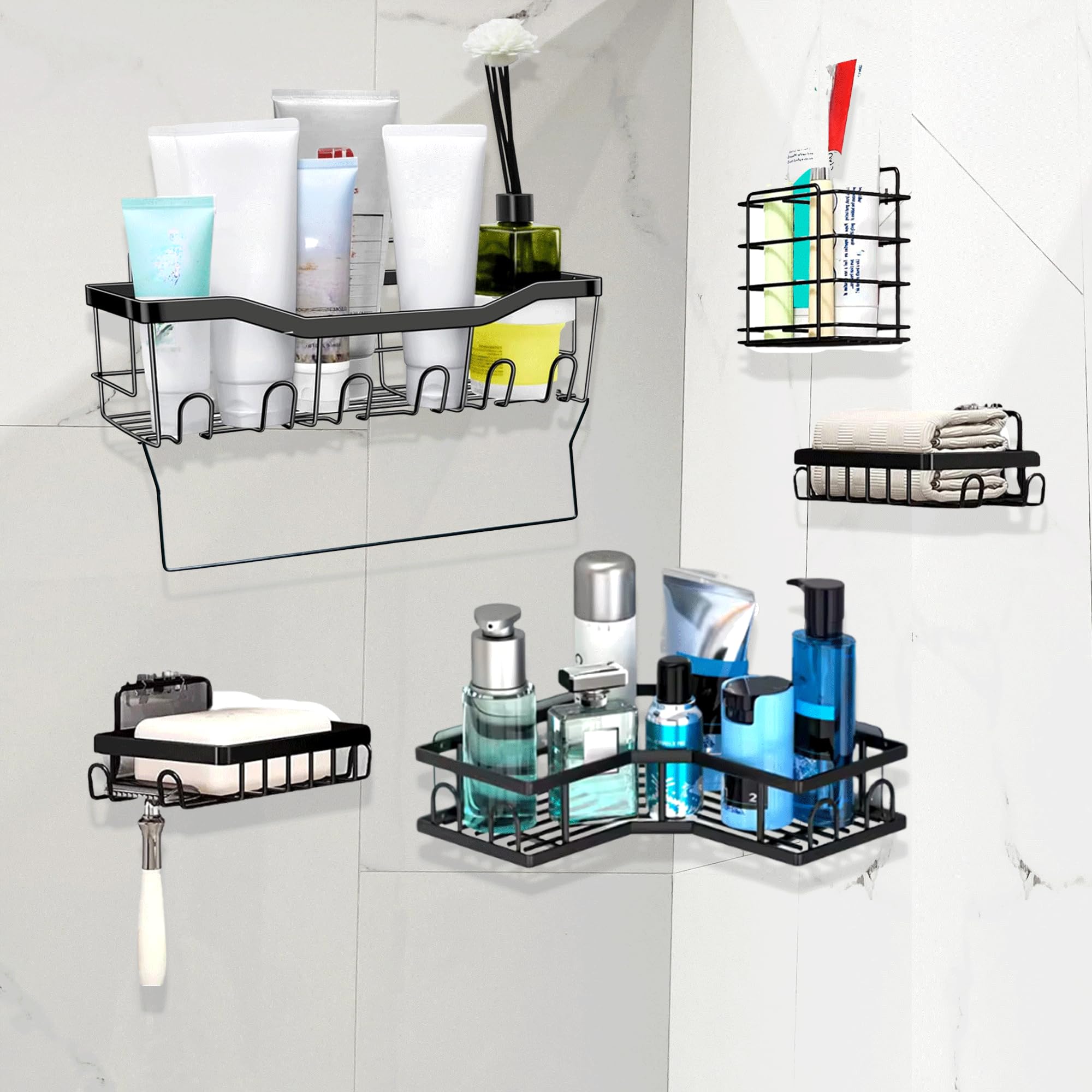 5pcs Bathroom Organizer Set with Square & Triangle Basket, 2 Soap Rack, Toothbrush Holder & 5 Hooks, Stainless Steel Shower Caddy, Washroom Organizer, No Drilling Bathroom Shelf for Inside Shower