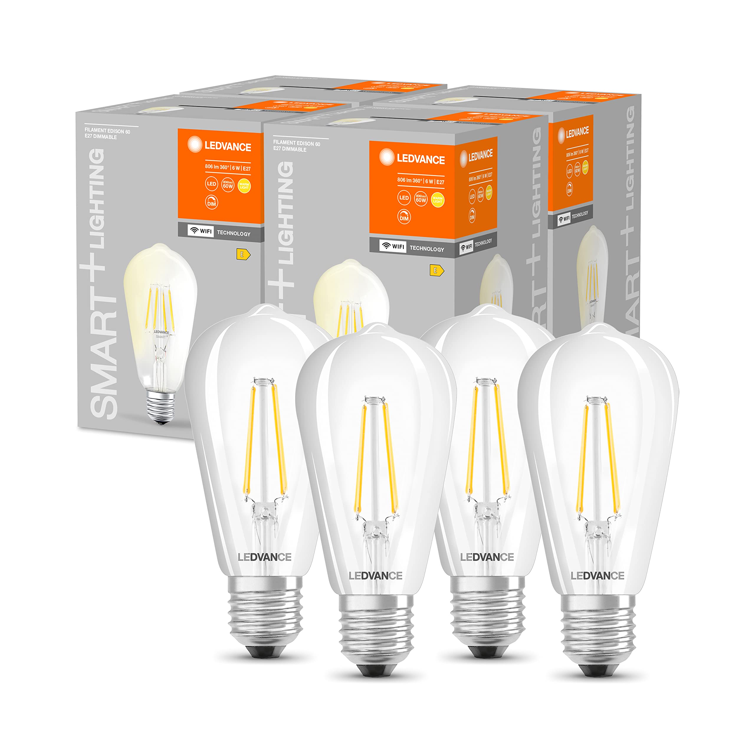 LEDVANCE Lámpara LED inteligente con tecnología WiFi, enchufe E27, regulable, blanco cálido (2700 K), reemplaza las lámparas incandescentes por 60W, filamento SMART+ WiFi Edison Regulable,paquete de 4
