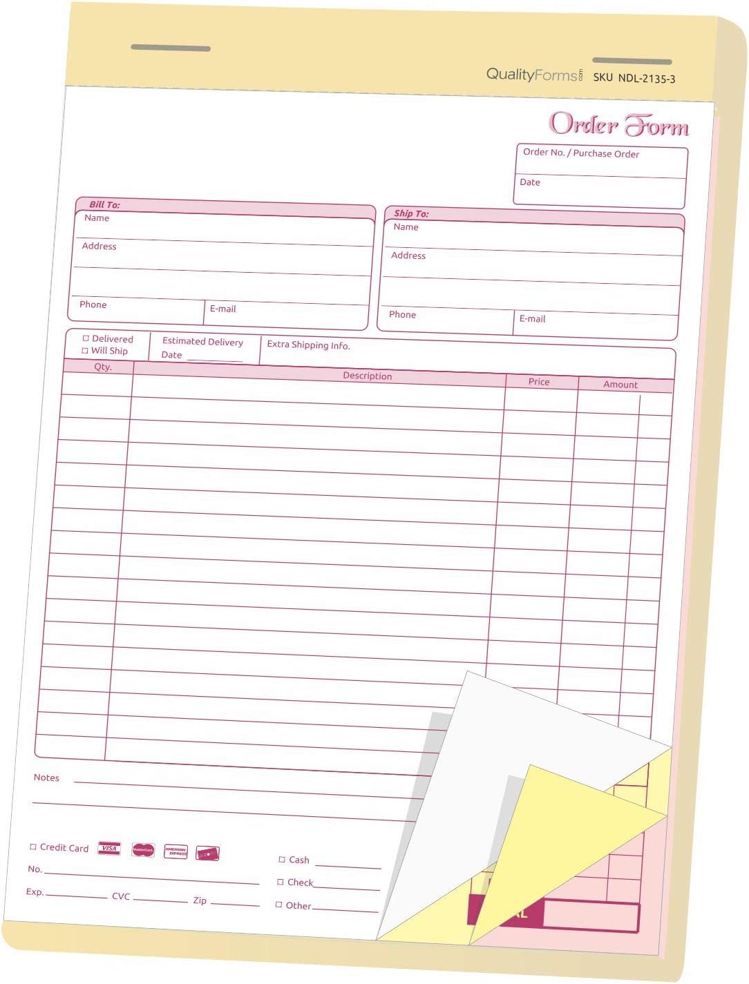NextDayLabels - Carbonless NCR Order Forms, Bound Wraparound Cover, White/Canary & Pink, 50 Sets per Book. (8-1/2 x 11" - 3 Part)