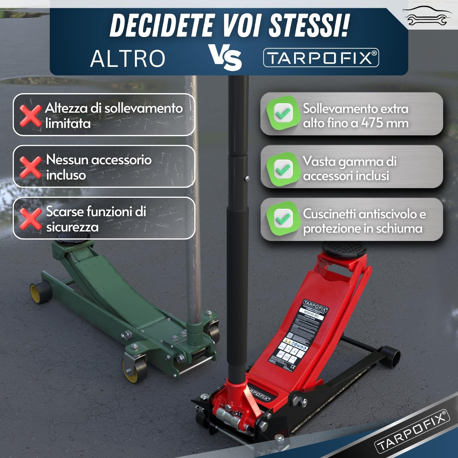 Tarpofix® Cric Idraulico per Auto 3t (85-475mm) | Sollevatore Auto Professionale con Doppio Cilindro | Ideale per SUV & Veicoli Ribassati