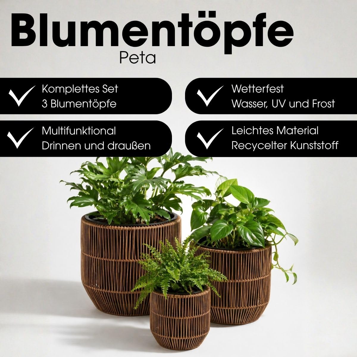 MICA Decorations Peta Blumentöpfe – Set von 3 – Pflanzentopf für Blumen und Außenpflanzen – Für den Außenbereich – Dunkelbraun