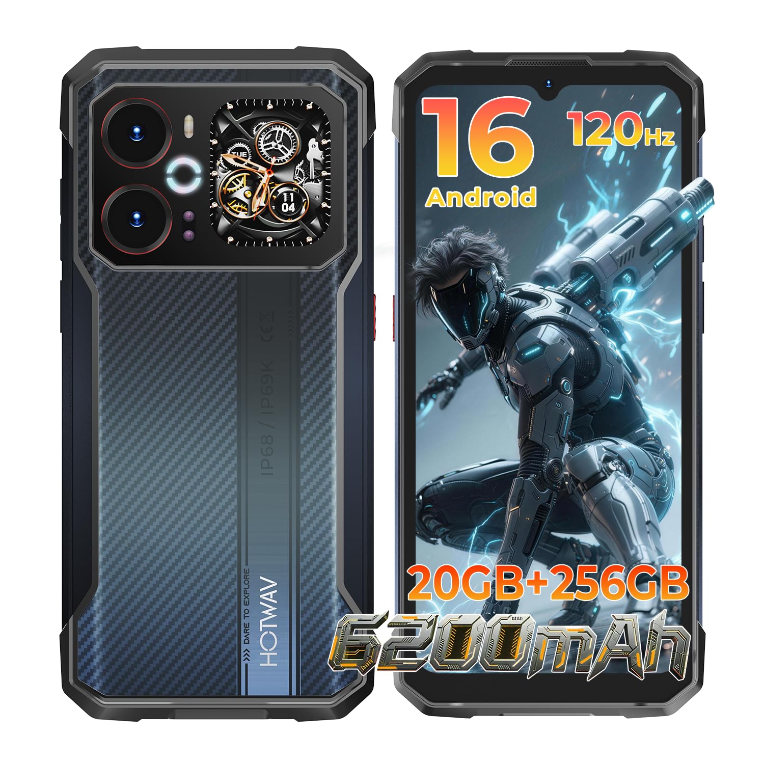 HOTWAV Cyber 18 Android 16 Rugged Smartphone 6.75" Cellulare Robusto | 20GB+256GB Telefono Indistruttibile 6200mAh 64MP+16MP, Gemini AI, NFC/Face ID/OTG/GPS/Dual SIM 4G
