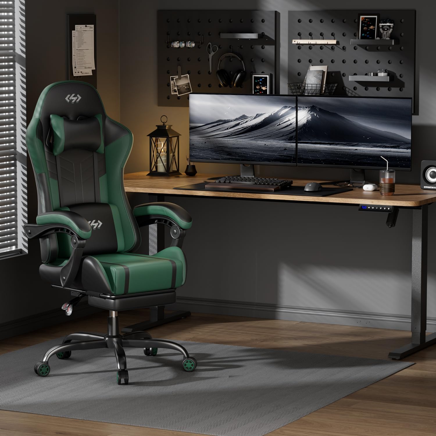 HLONONE Gaming Stuhl mit Massagefunktion, Ergonomischer Gamer Stuhl, Racing Gaming Sessel mit Fußstütze, Kopfstütze und Massage Lendenkissen, Gepolstert PC Stuhl, 150 kg Belastbarkeit, Schwarz-Grün