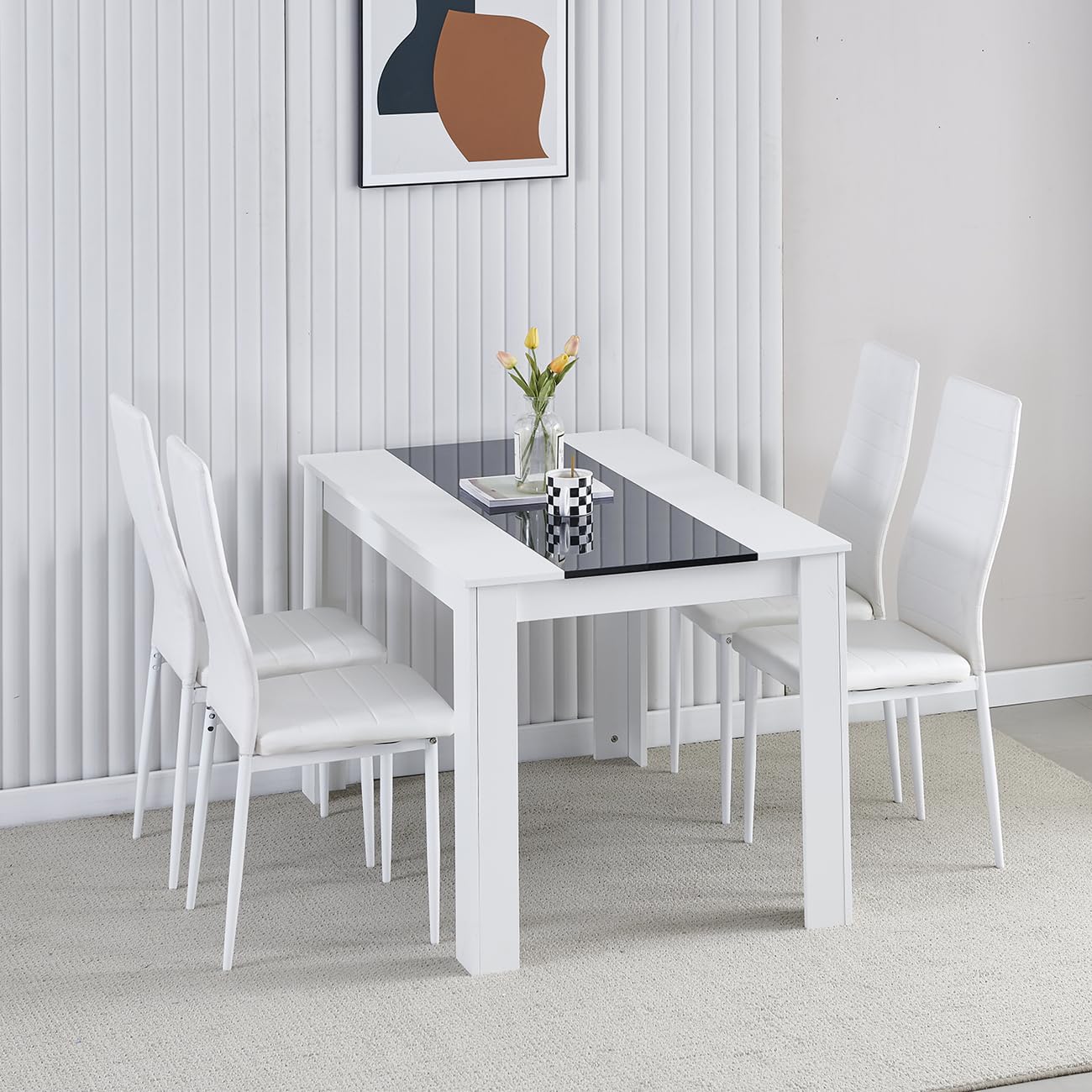 Homullel 120 cm Dining Table and 4 Chairs, 4 Seater Table and Chairs Set, Kitchen Dining Room Set for 4, Compact, Space Saving (Faux Leather Eggshell White, 120cm, 4 Seats) โ image 1