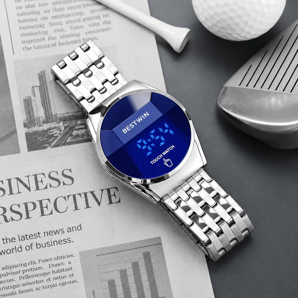 MASTOP Orologio digitale touch screen per gli uomini, cinturino in acciaio