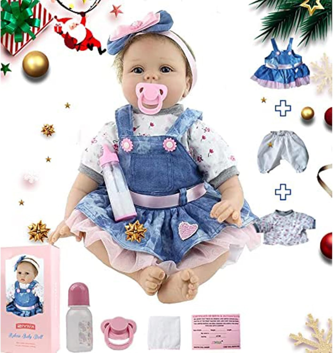 Lifelike Reborn Baby Dolls - Realistic Baby Doll 22 inch Newborn Girl Doll Blue Denim Dress, 22 Inches Soft Cloth Body Pacifier, Bottle, Outfit Baby with Accessories Toy for Kids Age 3 +