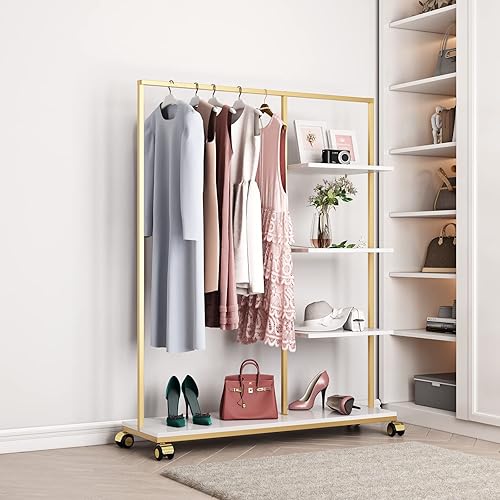 Miniatura 3 de Perchero de ropa resistente con estantes para colgar ropa, perchero independiente de metal dorado para exhibición minorista (47.24 pulgadas de largo)