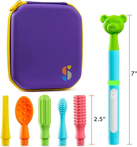 Vista 23 de Special Supplies Buzz Buddy Kit de estimulación motora oral con 6 cabezales intercambiables de textura suave, calma las necesidades sensoriales, Gris