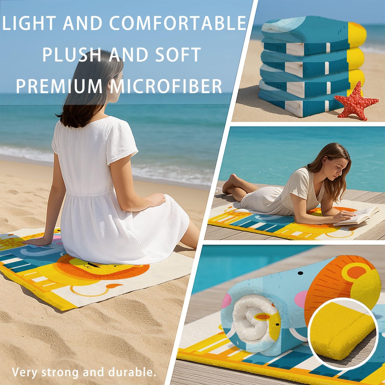 Générique Grande Serviette de Plage 200 x 100 CM,Drap de Plage Microfibre,Couverture de Plage Absorbante Rapide pour Enfants, Vif, Lumineux Girafes, Éléphants, Lions, Animaux Cartoon