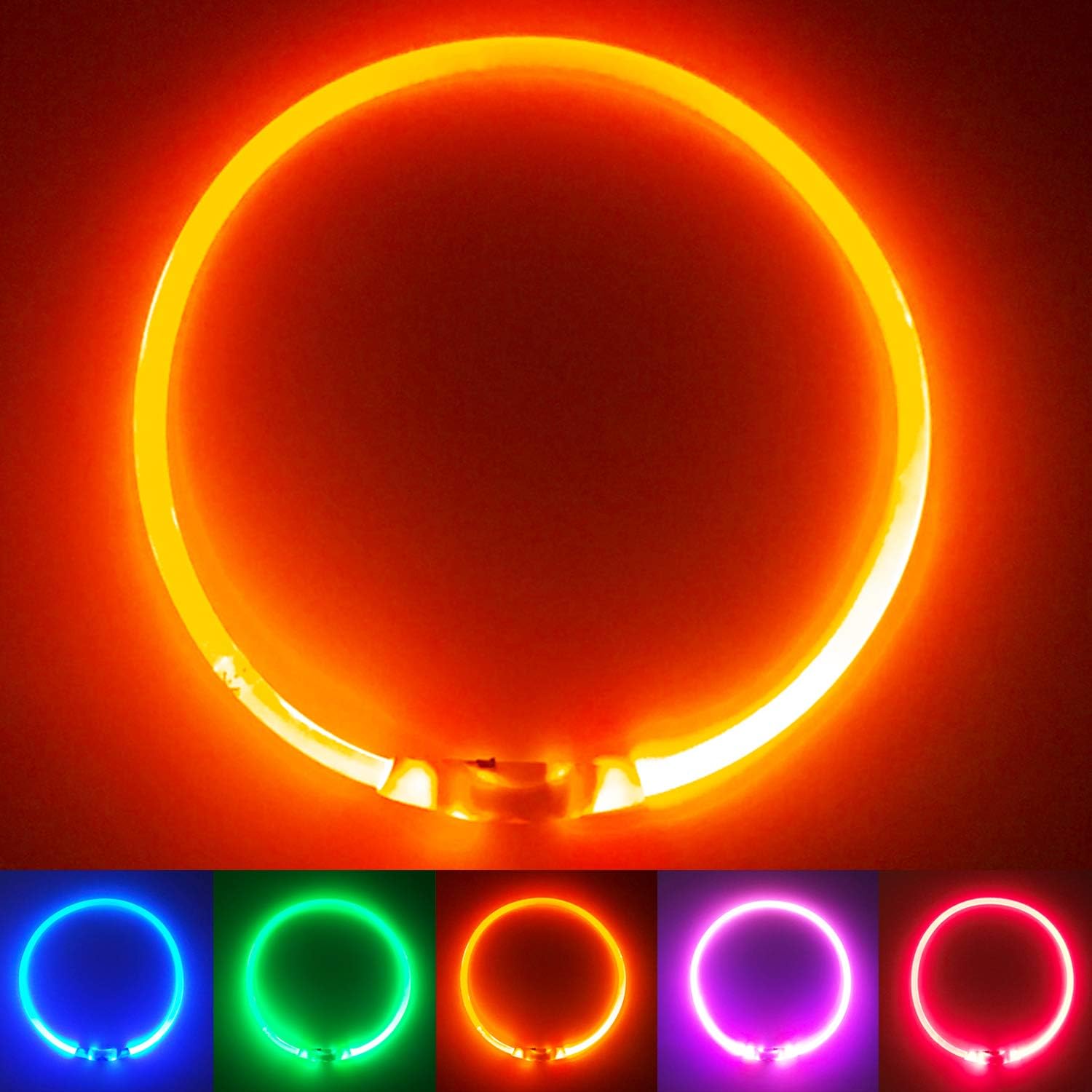 PetSol LED Dog Collar in Orange USB Rechargeable Flashing Light Safety Collar for Dogs, Cats