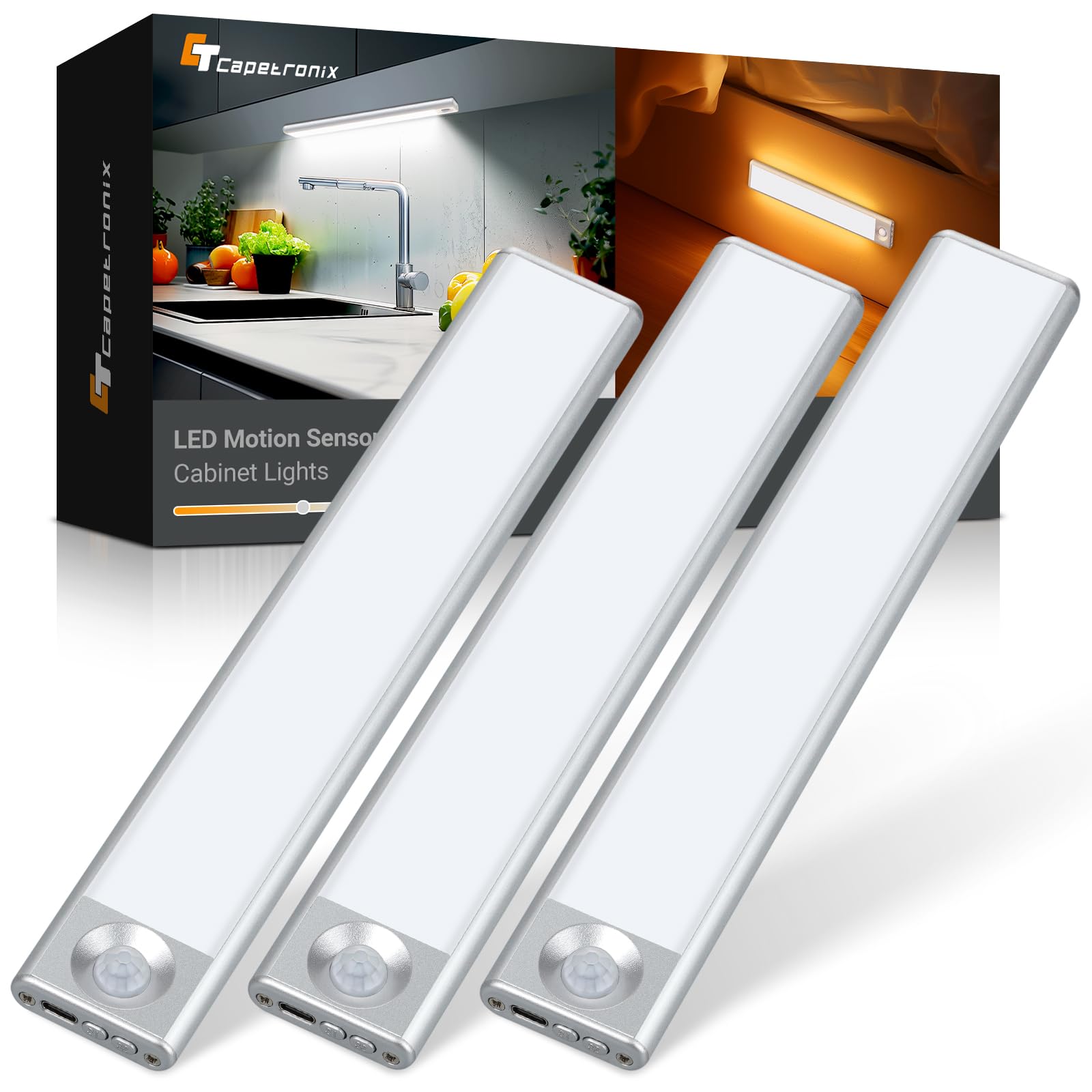 CT CAPETRONIX Under Cabinet Lights, Under Counter Light for Kitchen with 3 Color Temperatures 3 Modes Dimmable, Rechargeable Motion Sensor Closet Lights Indoor, Battery Operated Light, 9.8inch 3Pack