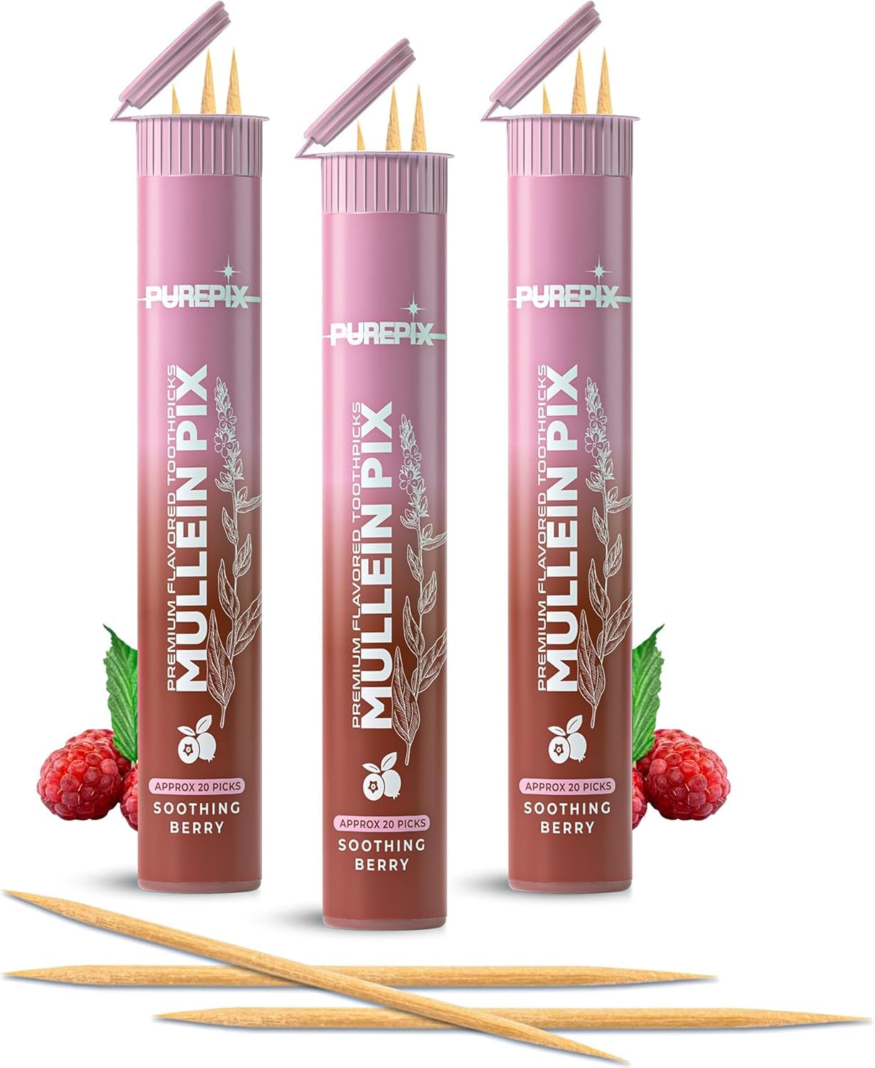 PurePix Mullein Pix Soothing Berry Flavored Toothpicks, 3-Pack
