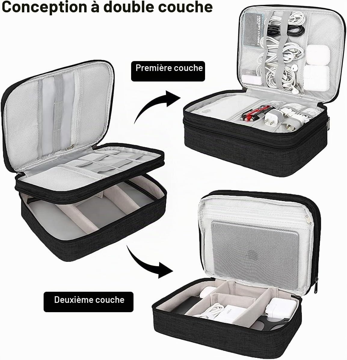 Sac Électronique Multifonctionnel Étanche 3 Couches de Rangement Câble Voyage 28 x 21 x 9 cm