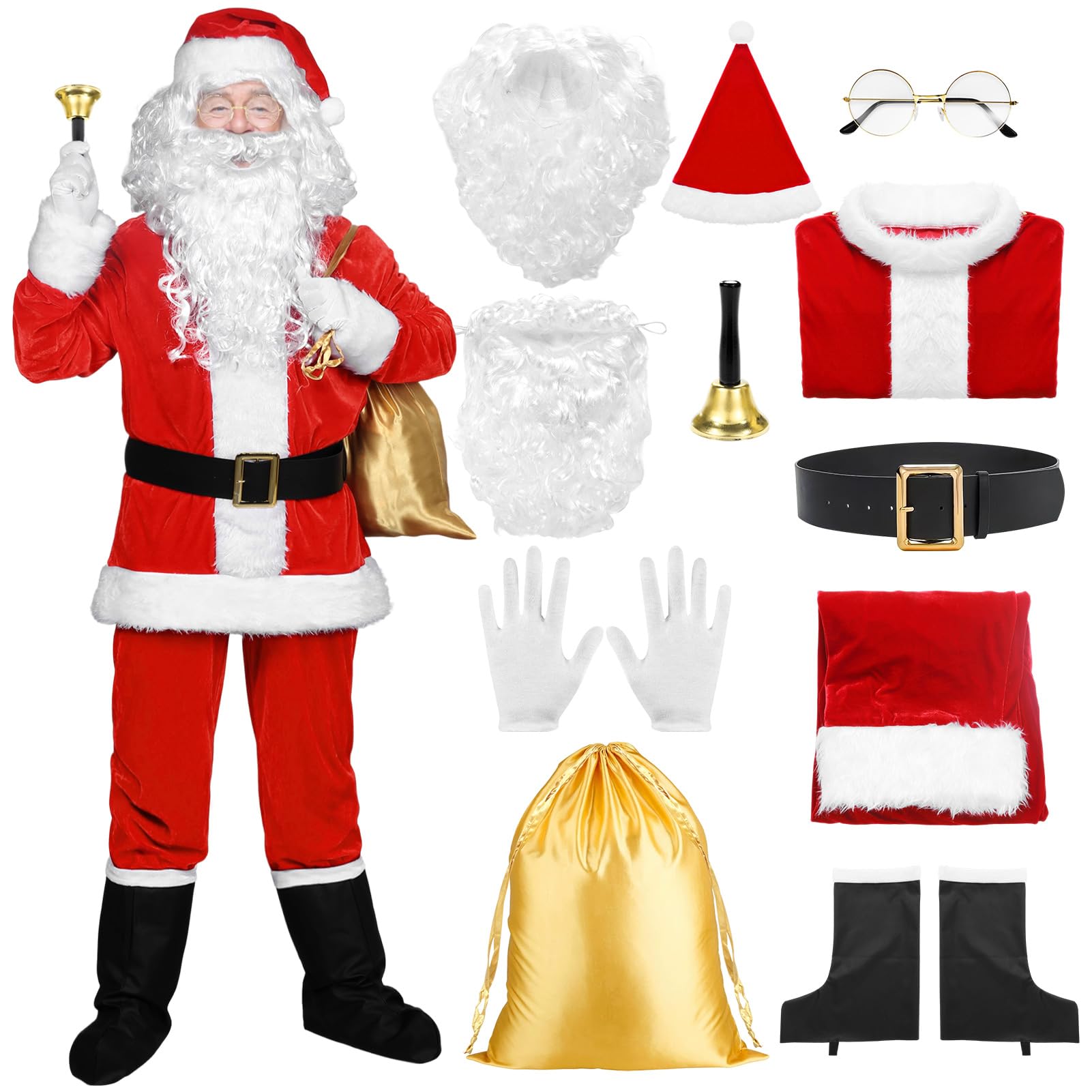Joyesplay Santa Costume Adult 11 Pcs Men,Deluxe Father Christmas Outfit Santa Suit with Jacket Pants Xmas Party Cosplay Set