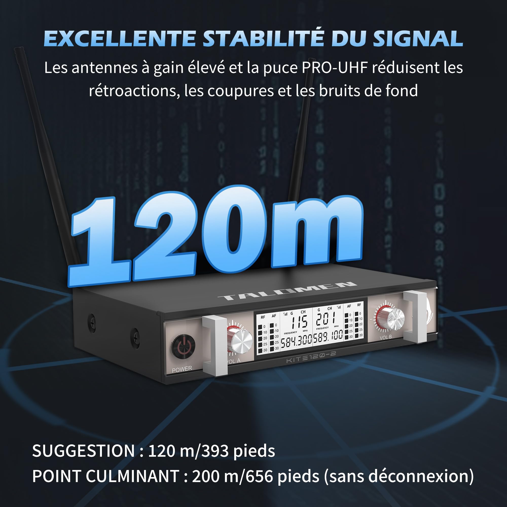 talomen Micro sans Fil UHF, Set de 2 Microphones à Main Dynamiques en Métal, Auto Scan, Portée 120 m, Récepteur Double Canal, Idéal pour Chant, Karaoke, Fête, DJ, Église – K120 Noir