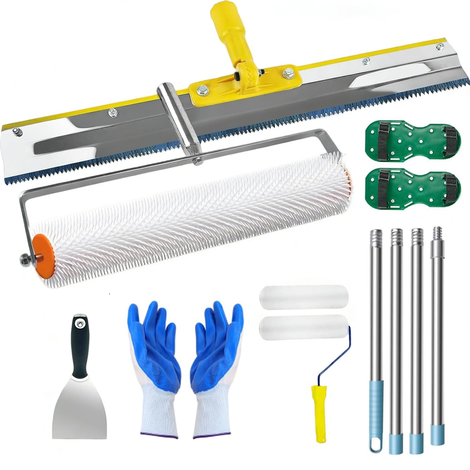 Kit De Instalación De Suelos De Resina Epoxi, Que Incluye Rodillo, Rastrillo De Nivelación Autonivelante De Acero Inoxidable, Zapatos Con Clavos, Guantes, Espátula y Barra Extensible