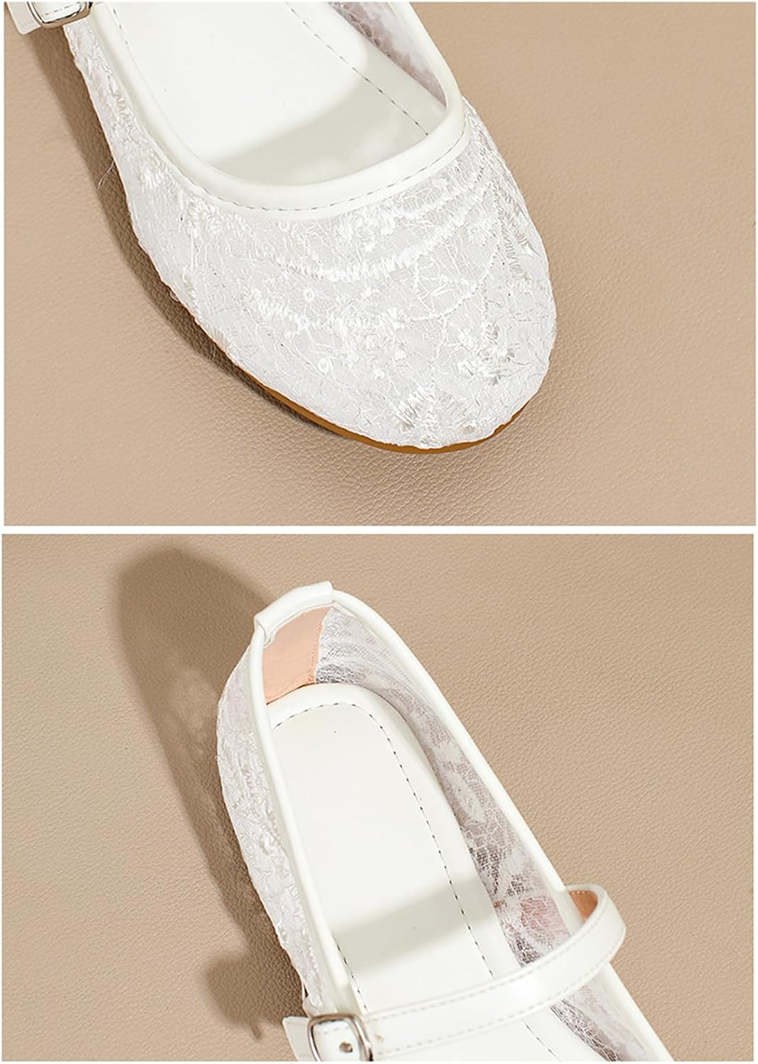 Lace Flats for Girls Mesh Embroidered Flower Girl Lace Mary Jane Shoes Wedding Party Round Toe Ballet Flats Ballerina with Strap Dressy Dress Floral Sequin Cute Little Kids