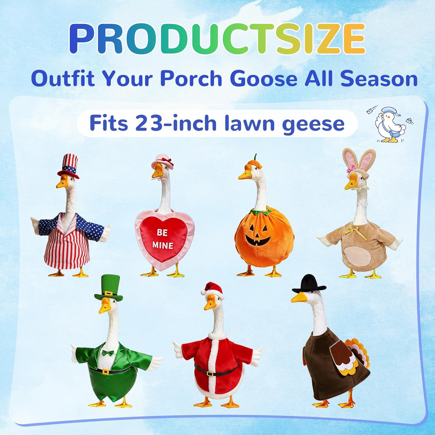 7 Set Holiday Porch Goose Outfits, Witch Santa Turkey Bunny Independence Valentine St. Patrick Festivals Lawn Goose Clothing for 23'' Goose Garden Patio Yard Porch Outdoor Decorations (23inch)