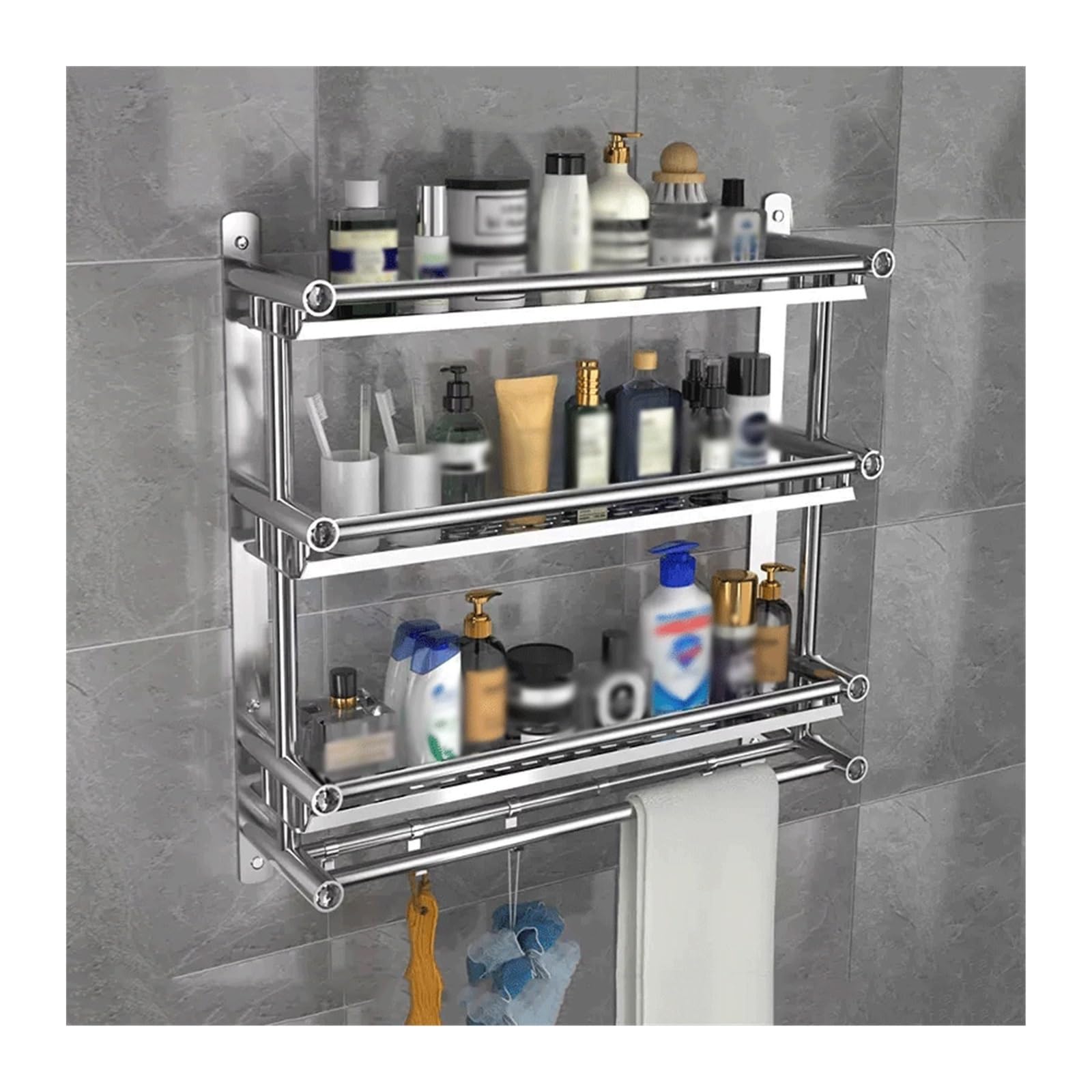 Shower Caddy Bathroom Storage Rack Three-layer Wall Mounted Stainless Steel Storage Rack with Towel Rack and Hook Wash