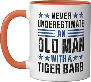 Old Man with a Tiger Barb Funny Ceramic Mug, Orange/White