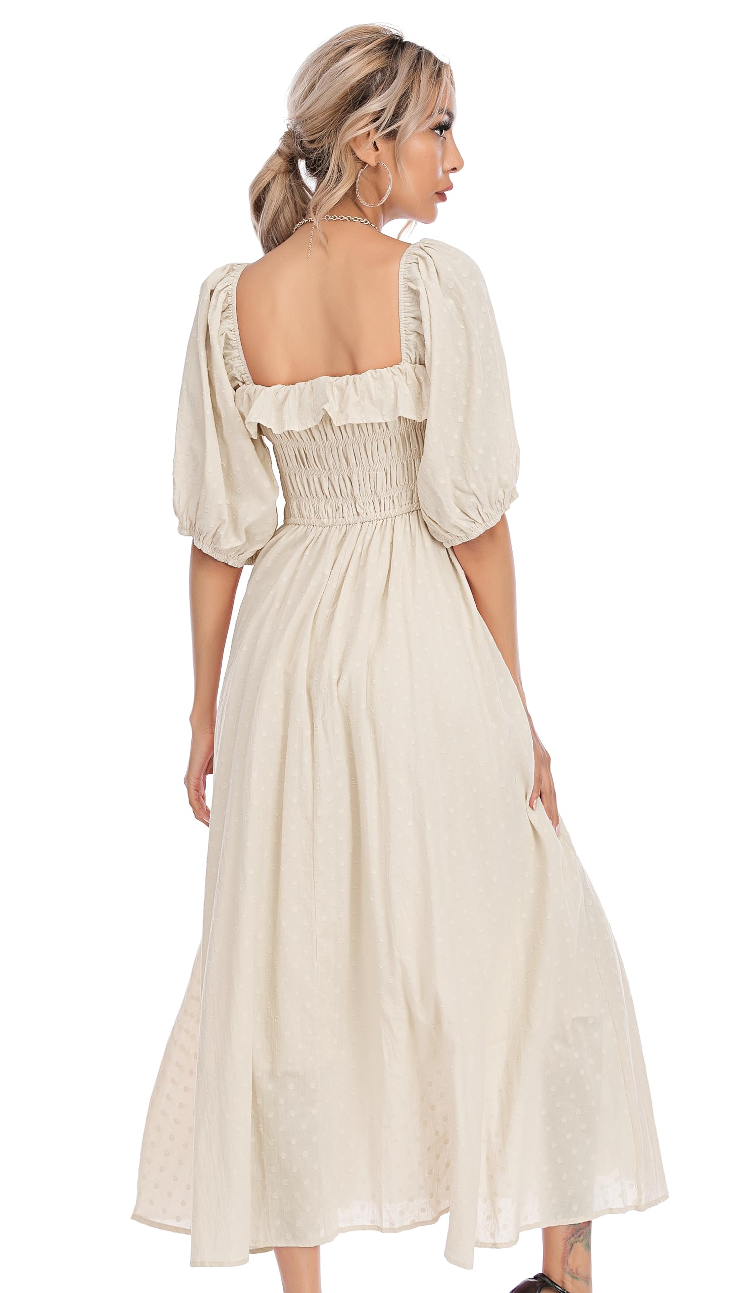 R.Vivimos Robes à Demi-Manches Slim à Pois pour Femmes col carré Robe Midi Longue(S,Beige)