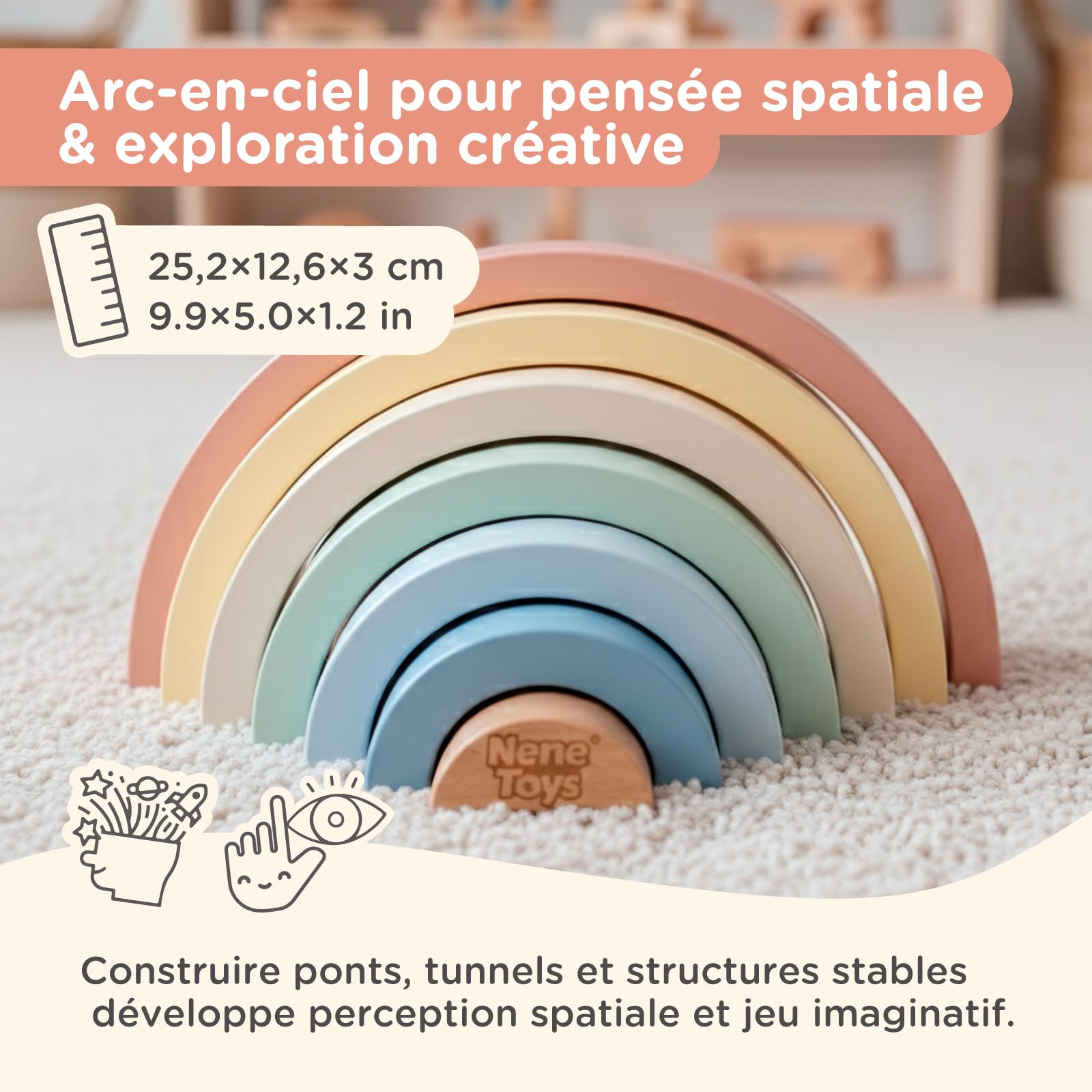 Nene Toys Jouet Montessori en Bois 3-en-1 pour Bébé 1 an – Arc-en-Ciel en Bois, Tour à Empiler & Jeu d’Encastrement – Jouet d’Éveil Enfant 1–3 Ans – Idée Cadeau Fille Garçon – Couleurs Pastel