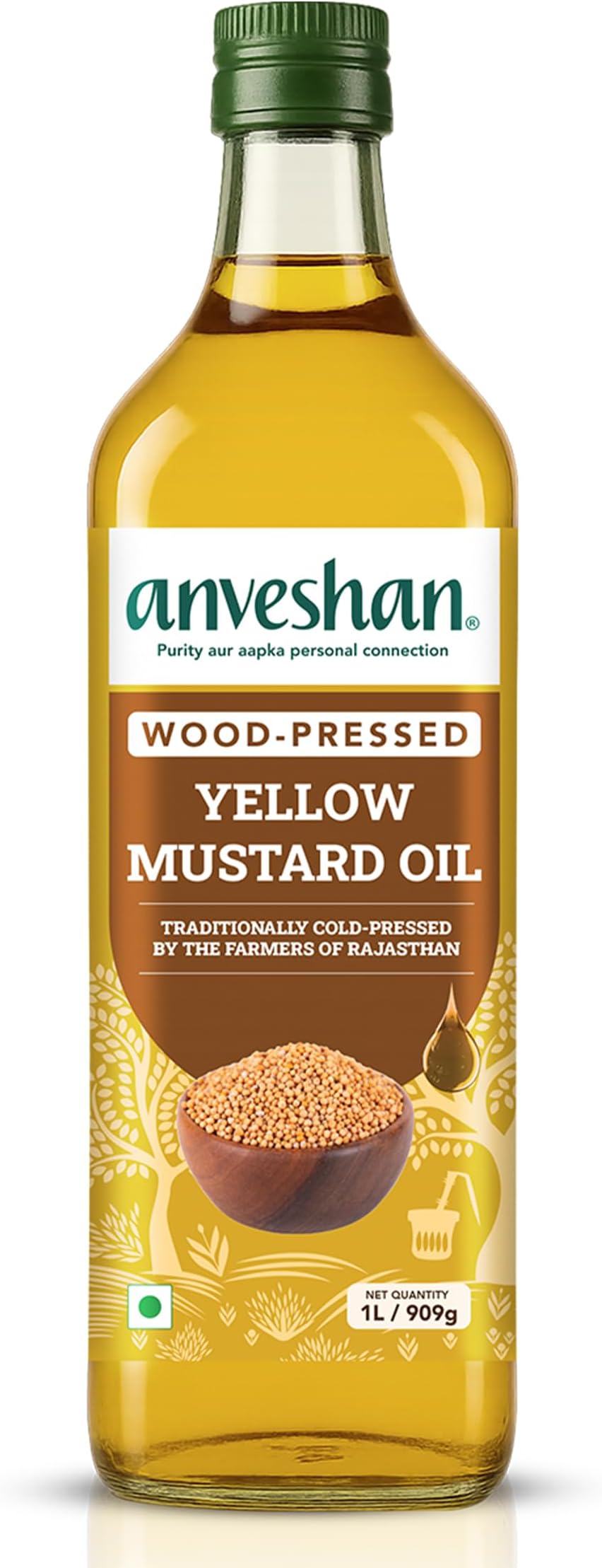 Anveshan Wood Cold Pressed Yellow Mustard Oil-1 Litre | Plastic Bottle | Kolhu/Kacchi Ghani/Chekku | Natural | Chemical-Free | Cold Pressed Yellow Mustard Oil For Cooking
