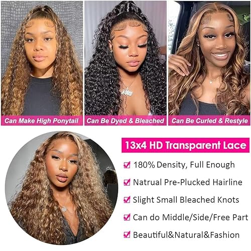 Miniatura 3 de Peluca de encaje frontal ombré de 13 x 4 pulgadas, pelucas de cabello humano prearrancado con abuelitos, densidad del 180 %, rubio miel HD, peluca