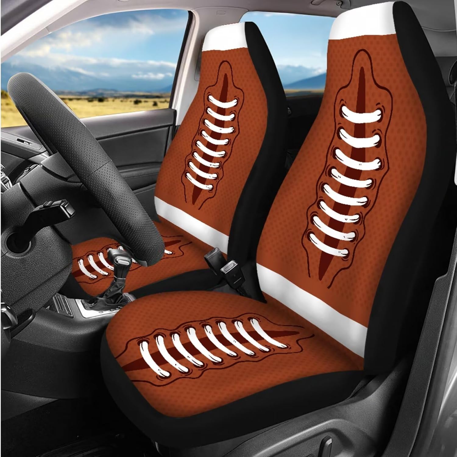 Funnydude Football Print Car Seat Cover Set with Car Trash Can Summer Thin Seat Cover for Truck SUV Van