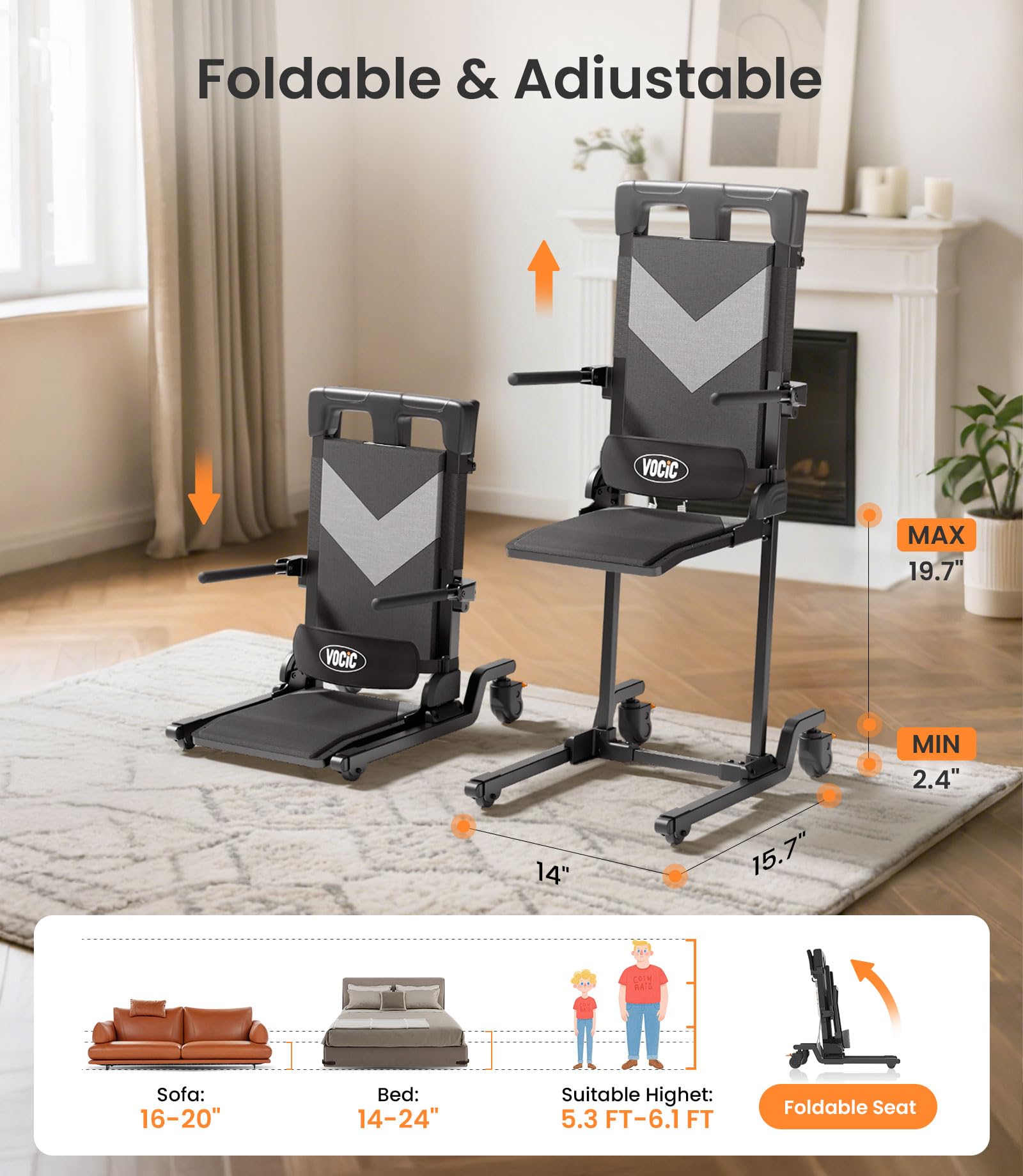 VOCIC Electric Chair Lift Get Up from Floor Movable with 4 Wheels Portable Rolling Chair Lift with T-Stabilized Base Short-Distance Transport Lift for Elderly from Floor Supports 350 LBS AX35 product thumbnail 6