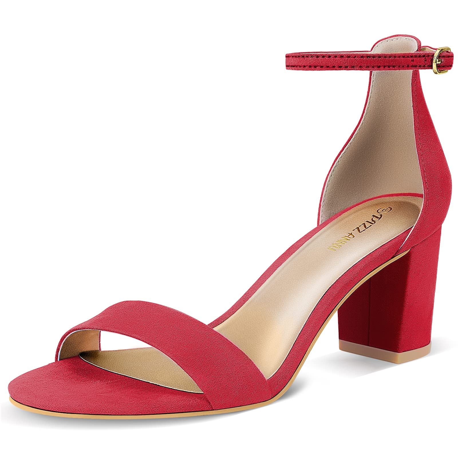 PIZZ ANNU Women's Open Toe Ankle Strap Low Block Chunky Heels Sandals Party Dress Pumps Shoes Strappy Buckle Sandals with 2.6" Tall Thick Heel Design