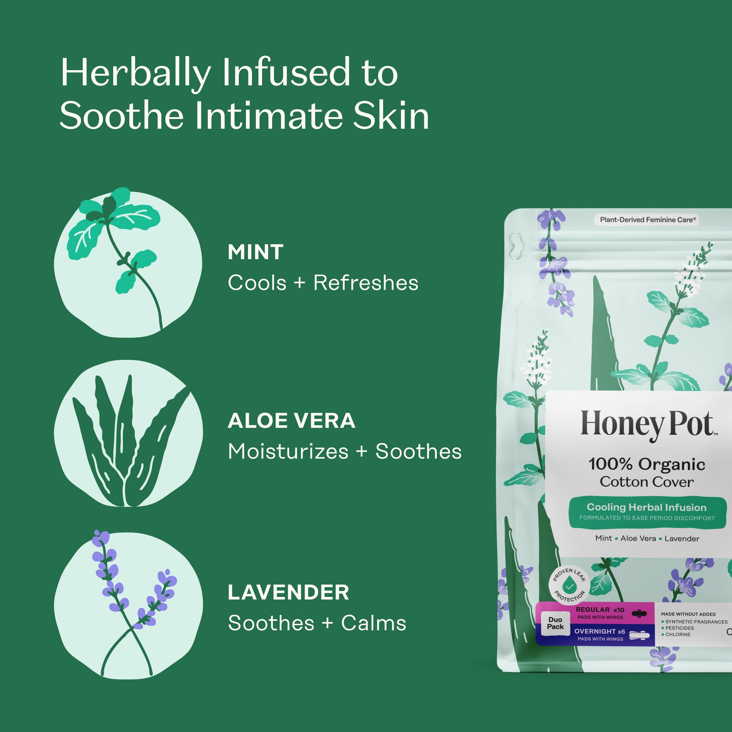 Honey Pot - Herbal Sanitary Pads for Women - Regular & Overnight Flow w/Wings - Infused w/Essential Oils for Cooling Effect & Organic Cotton Cover – Medium Pack - Feminine Care - 16 ct