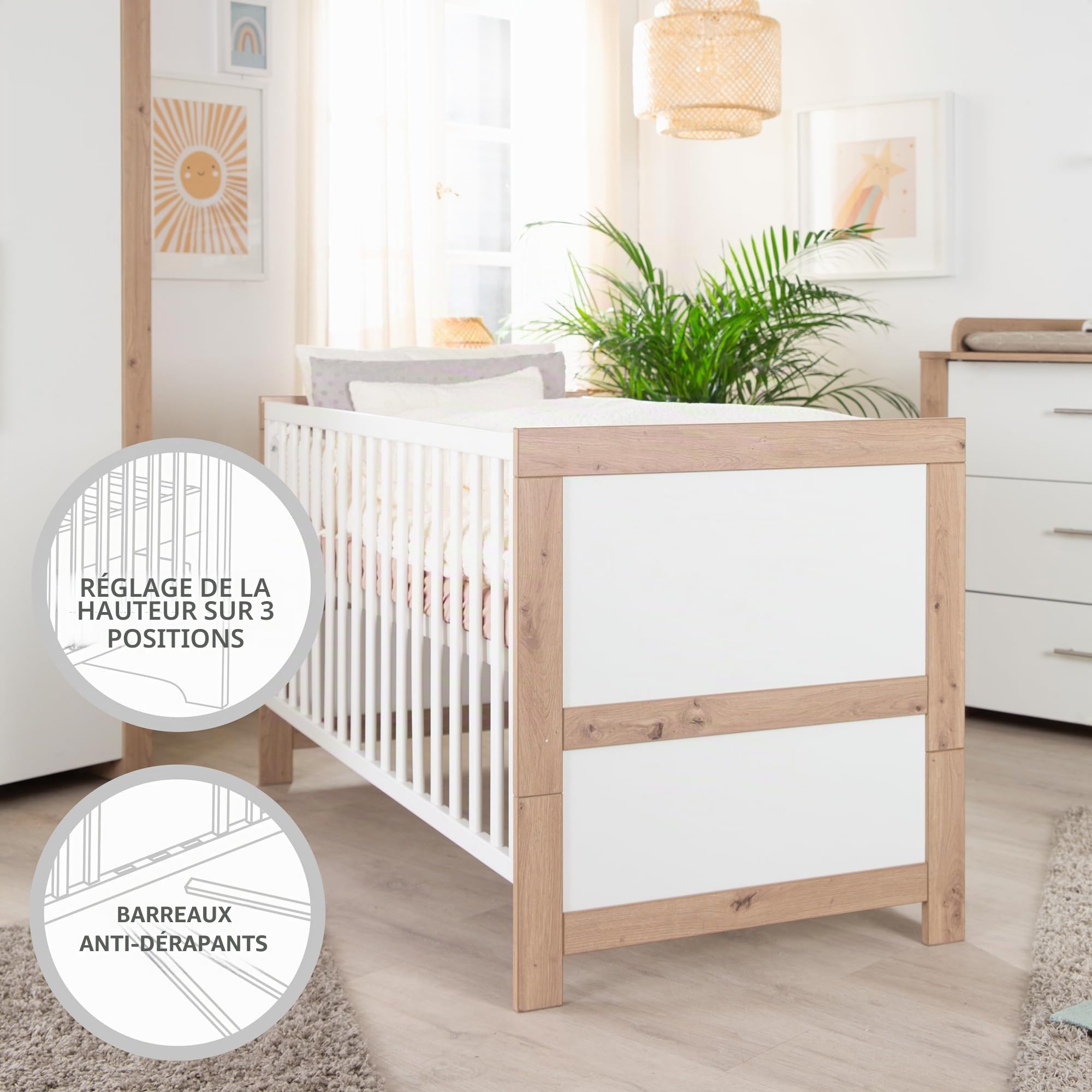 roba Lit Bébé Évolutif 70 x 140 cm Malo - Convertible en Lit Enfant - 0 à 7 Ans - Jusqu'à 50 kg - Hauteur Réglable - 3 Barreaux Amovibles - Bois Blanc/Décor Chêne Clair